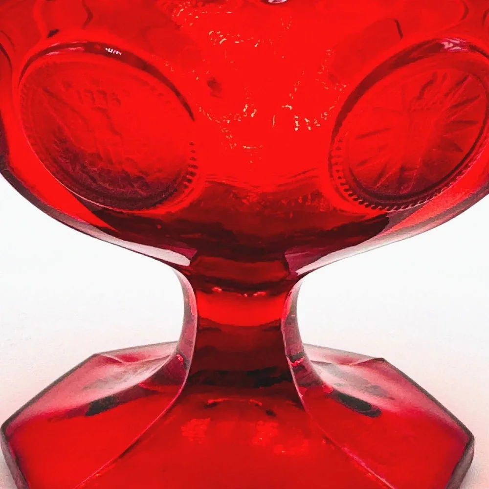 Fostoria Coin Glass Ruby Red Footed Compote Candy Dish UV Reactive Vintage